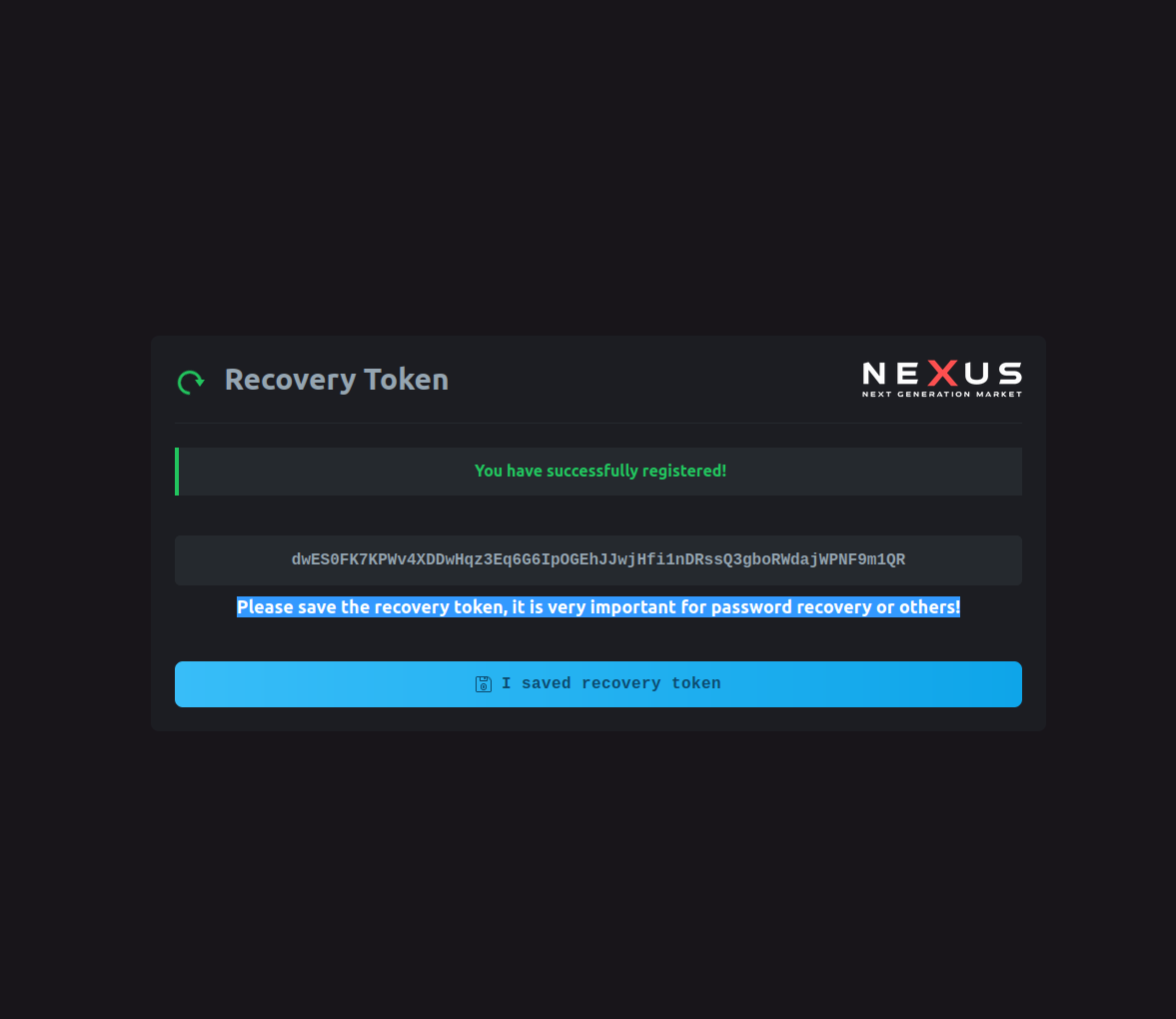 Secure recovery token for the Nexus darknet marketplace